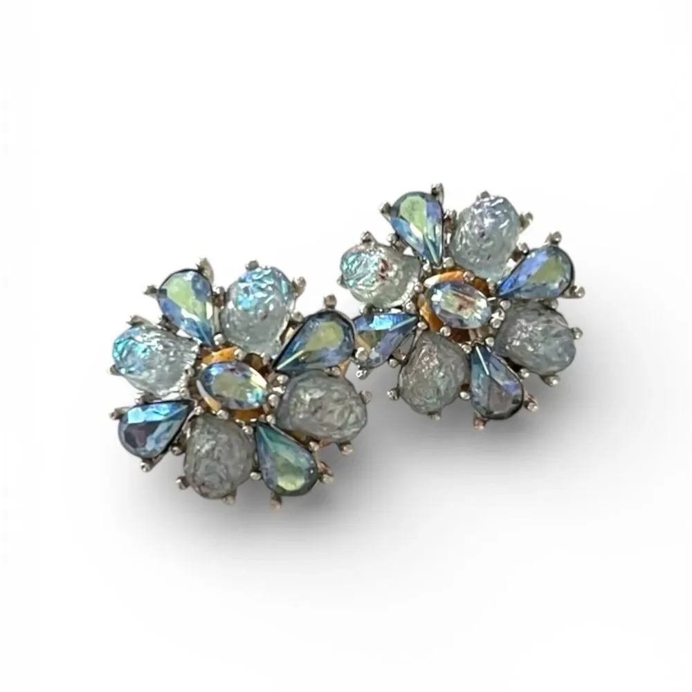 Crown Trifari Etoile Blue Lava Rock AB Clip Earrings